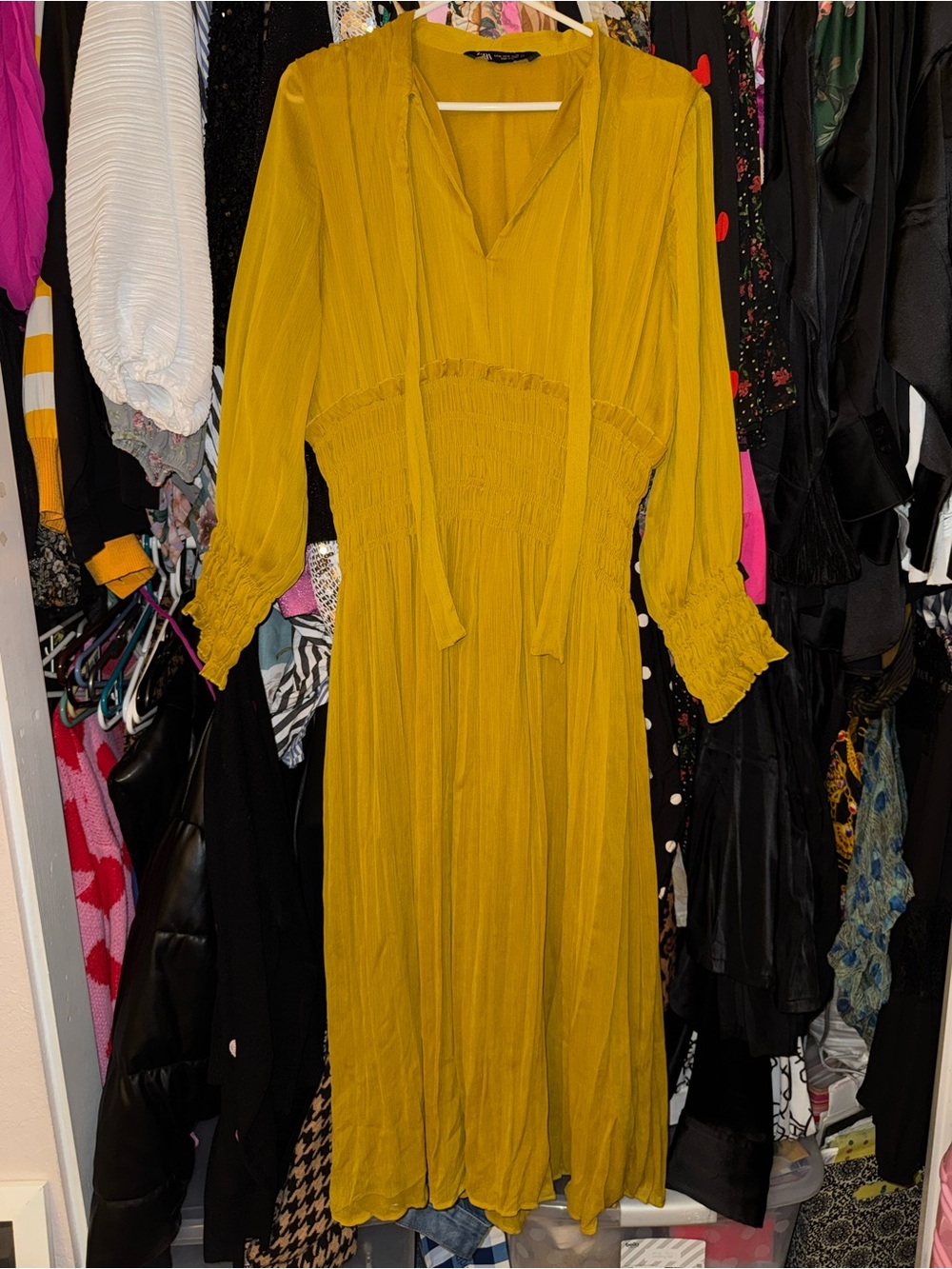 New Zara Mustard Yellow Tie-Neck Maxi Dress